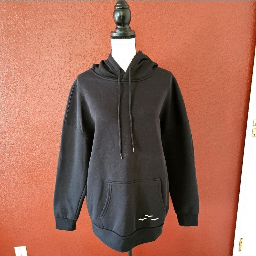 Black Pullover Sweater with Hood and Ribbed Cuffs